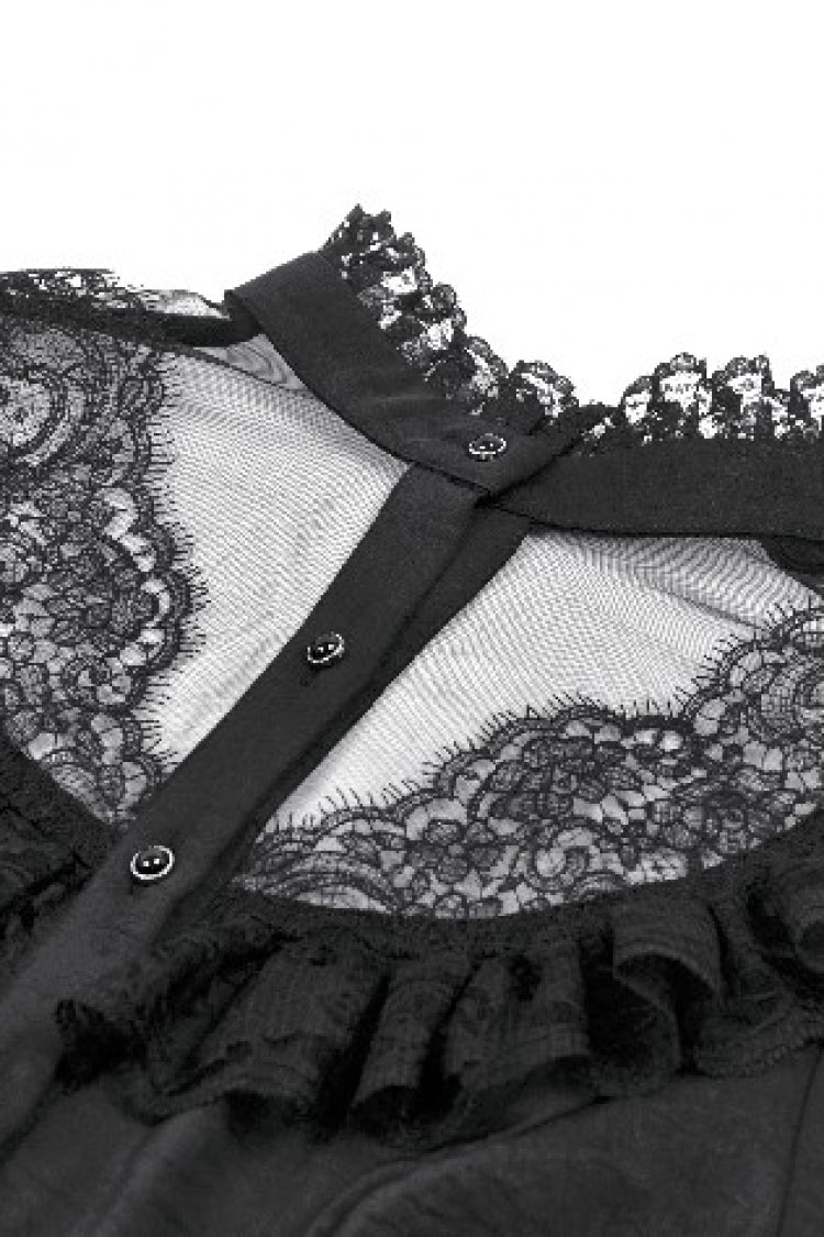 Gothic Sheer Blouse with Stand Collar and Lantern Sleeves