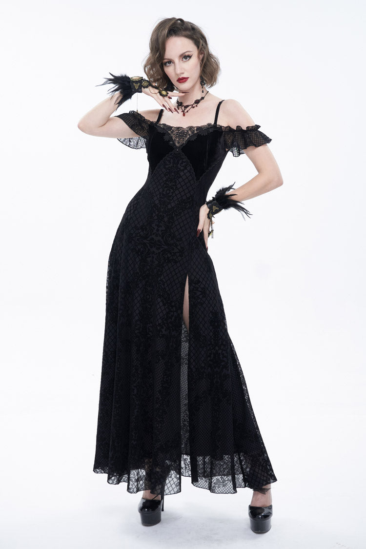 Raven Velvet Off-Shoulder Lace Gothic Dress with Ruffled Hem