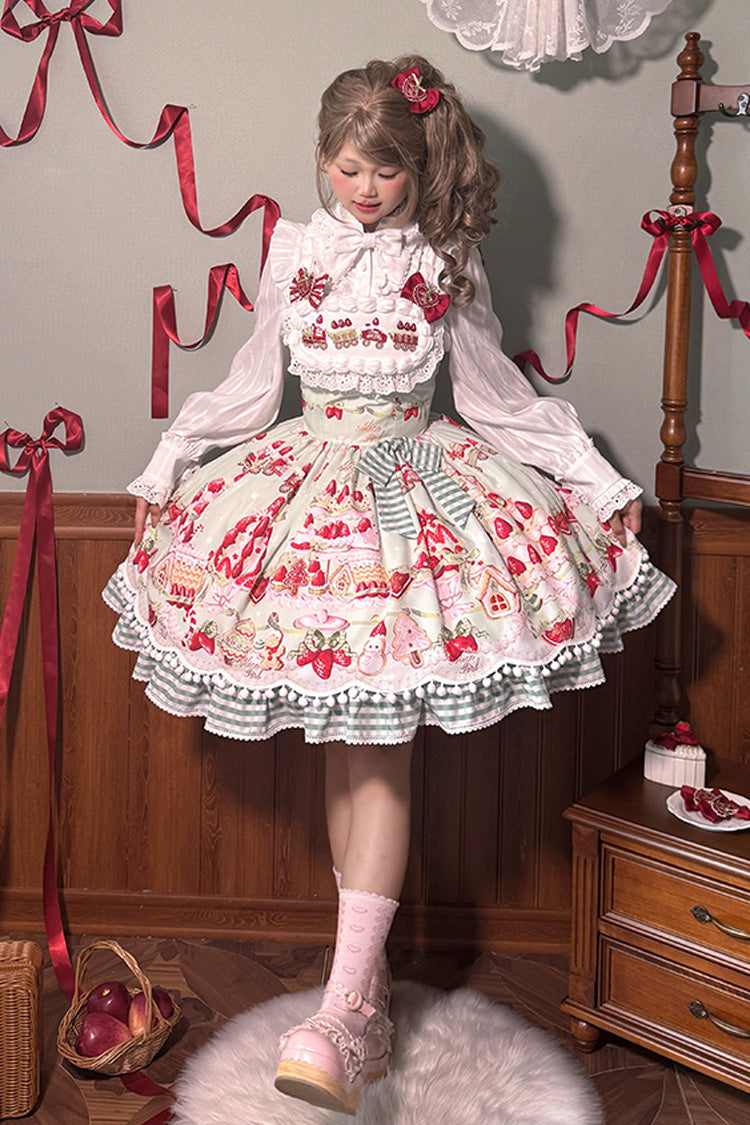 Mint Strawberry Dessert Printed Natural Waist Sweet Lolita JSK Dress - Ruffled