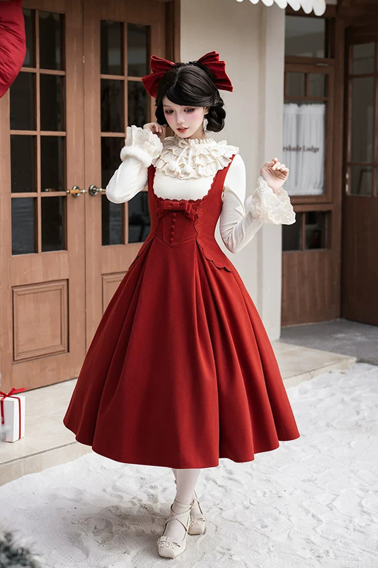 Classic Elegant Lolita Bandeau Dress with Embroidered Bow - Red