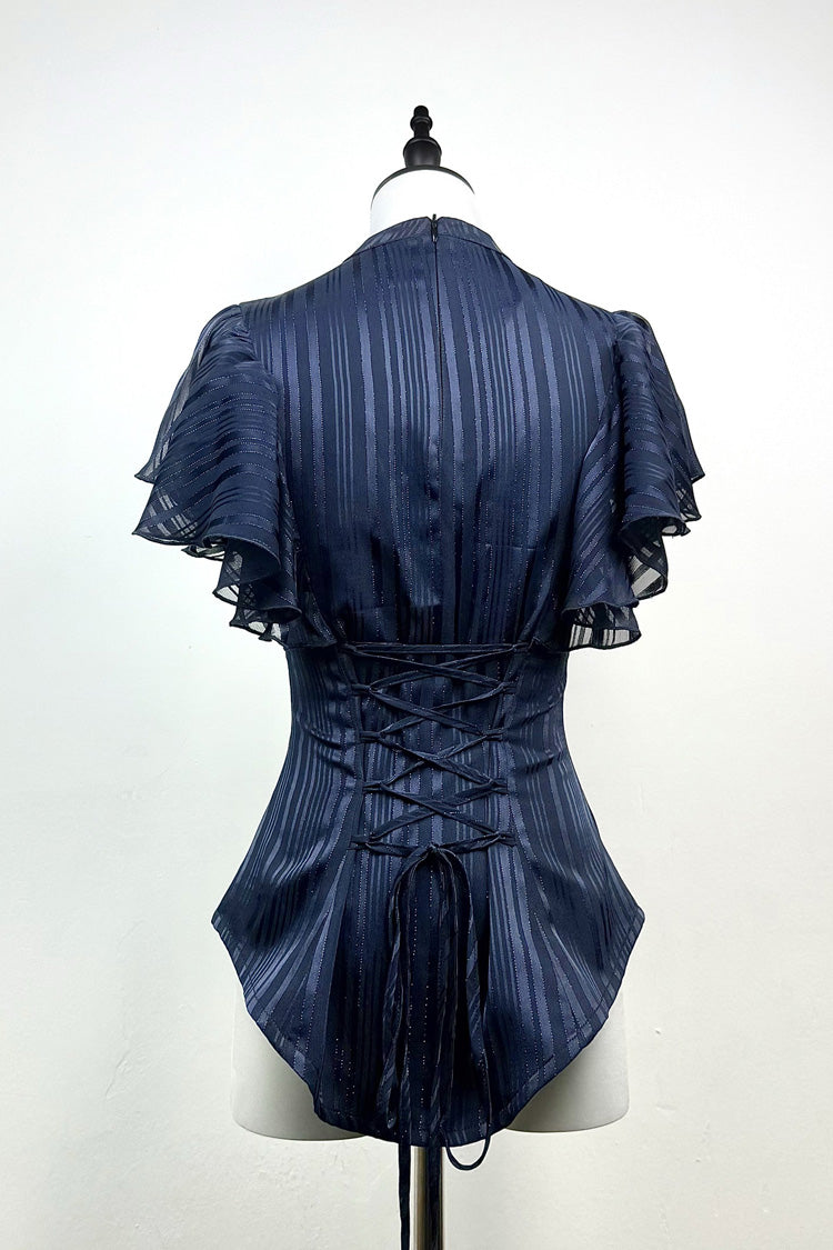 Cobalt Bow-Adorned Gothic Lolita Blouse with Ruffled Details