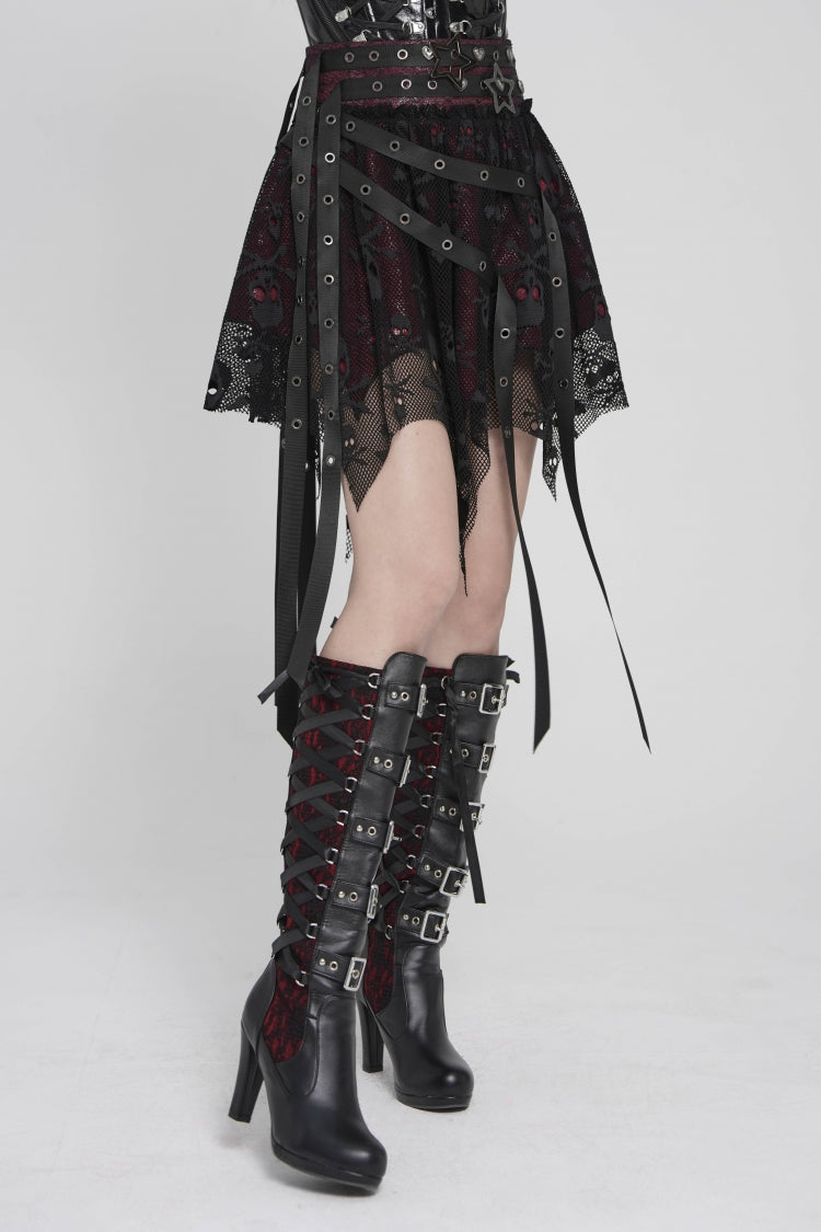 Noir & Scarlet Mesh Eyelet Laced Punk Skirt with Asymmetric Hem