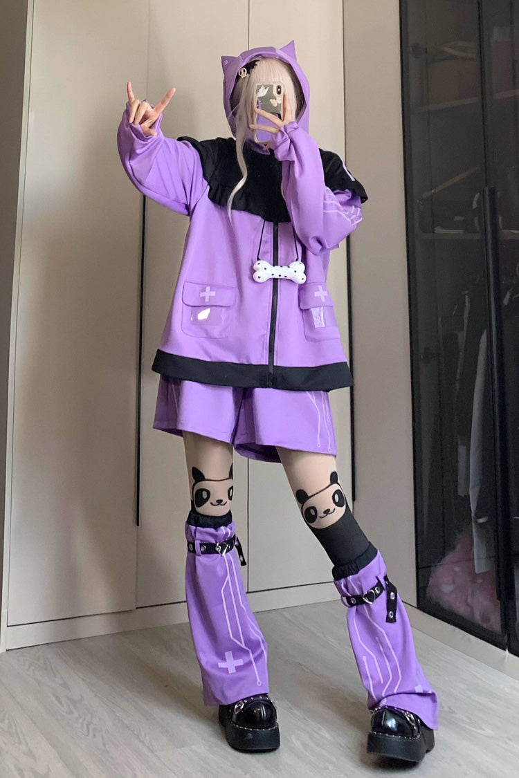 Orchid Cat-Ear Hooded Jirai Kei Shorts Jacket Set