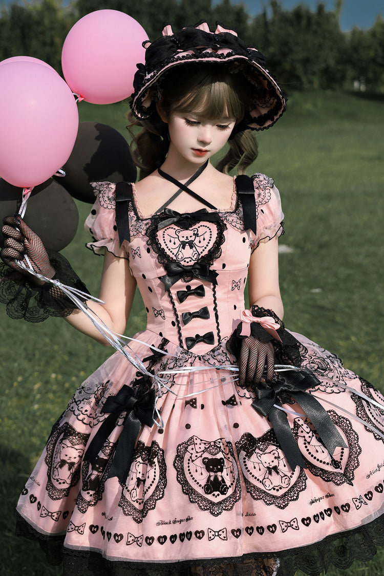 Pink Square Neck Short Sleeve Embroidered Bow Sweet Dress with Bow Train - Sugar Bear