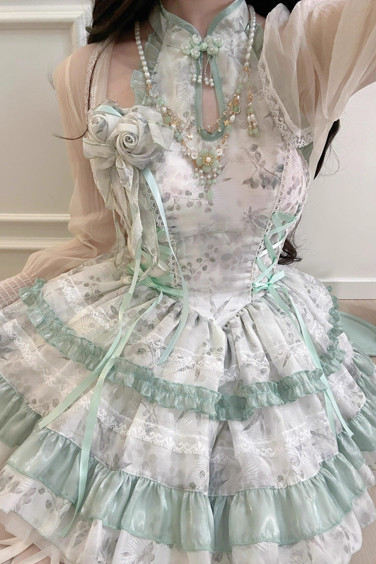 Rose Moon Bamboo Halter Multi-Tier Printed Frill Sweet Chinese Lolita Gown in Two Tones