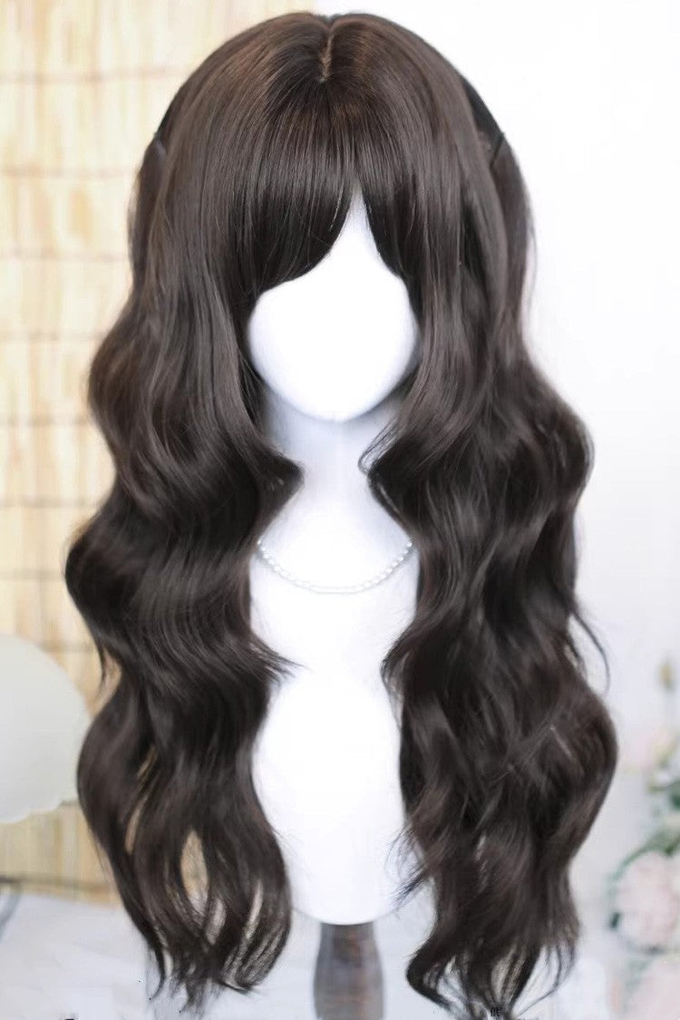 Espresso Brown Lolita Wig with Side-Swept Bangs and Waves