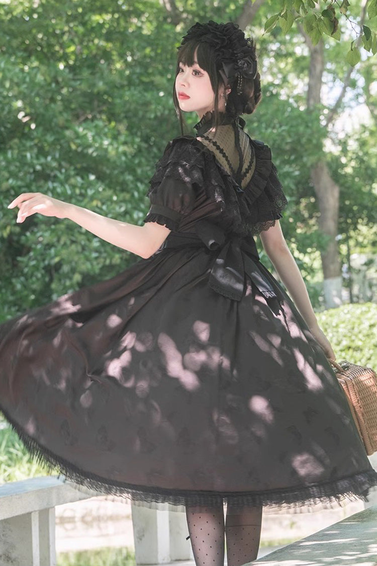 Black Daisy Print Gothic Dress with Cherry Embroidery