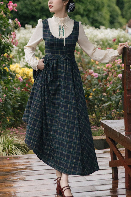 Vintage Plaid High-Waisted Lolita Dress with Embroidery