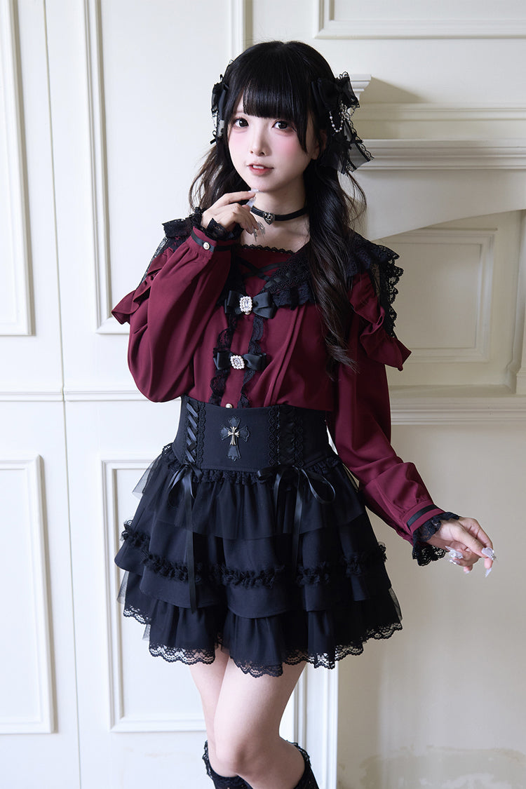 Navy Collar Bowknot Lace Long Sleeve Jirai Blouse in Three Colors