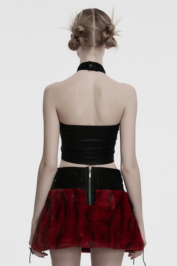 Crimson & Noir Halter Sleeveless Faux Fur Trim Punk Corset Vest