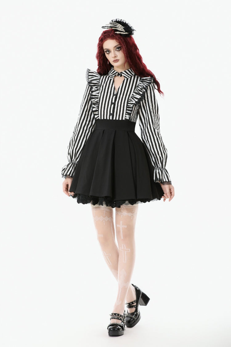 Striped Lapel Collar Long Sleeves Moon Lace Bow Ruffled Pleated Gothic Dress