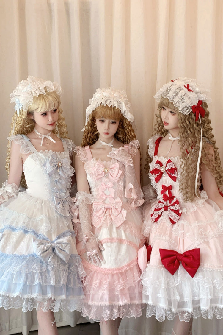 Ivory & Pink Square Collar Multi-Layer Ruffled Bow Lace Sweet Lolita JSK