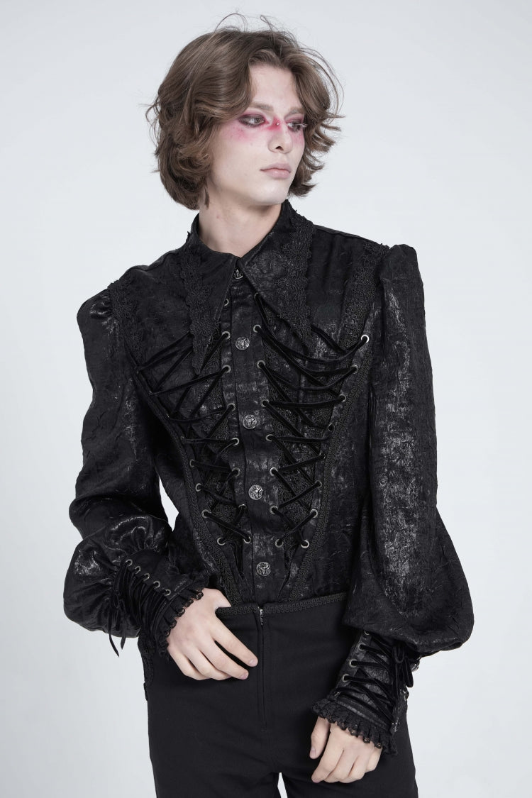 Jet-Black Gothic Blouse with Puffed Sleeves and Jacquard Lace for Men