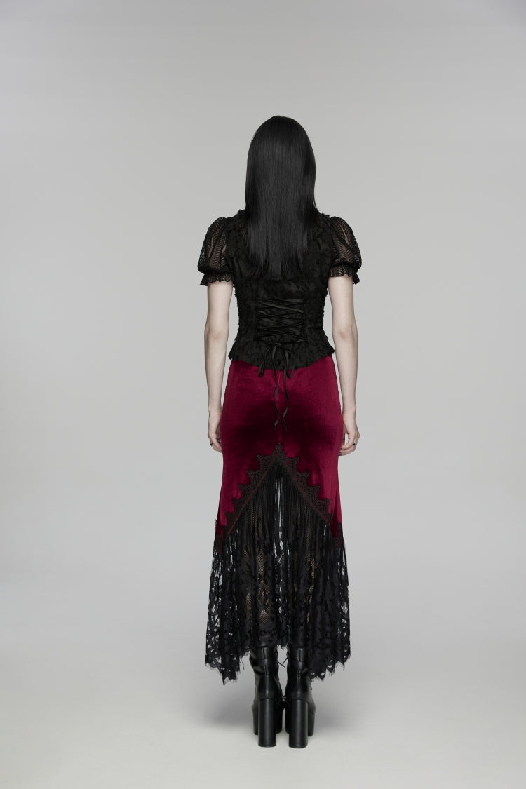 Crimson & Noir Embroidered Lace Fishtail Velvet Skirt with Slim Fit