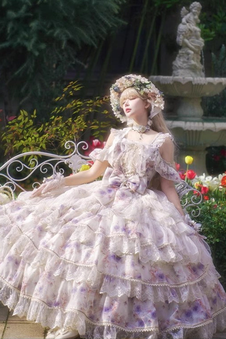 Rose Letter Off Shoulder Triple-Layered Print Ruffle Hanayome Princess Lolita Dress in Blue