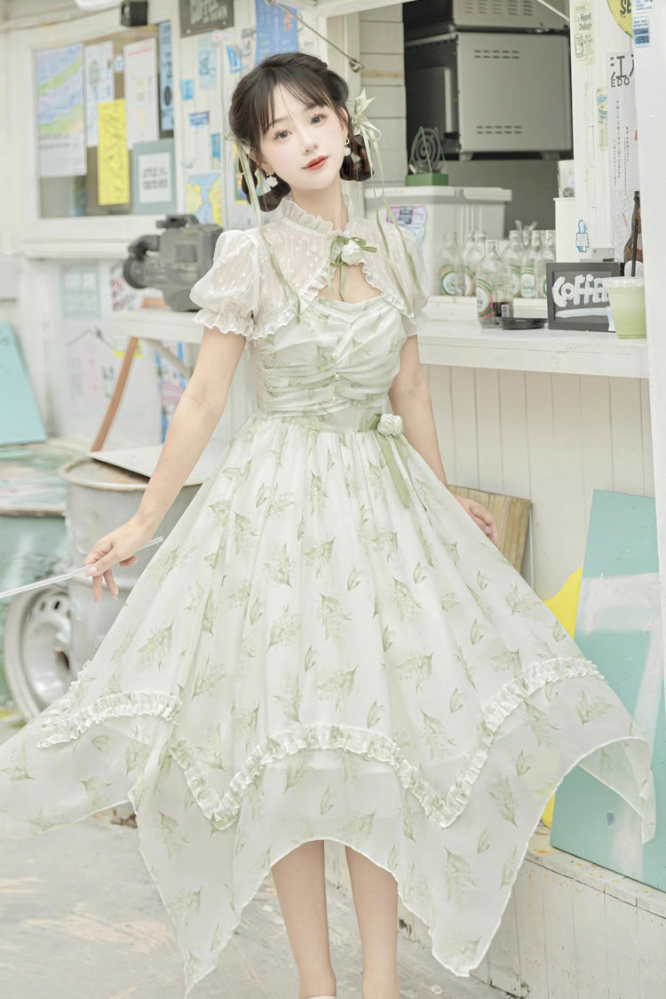 Spring Jacquard Print JSK Dress with Bowknot and Irregular Hem