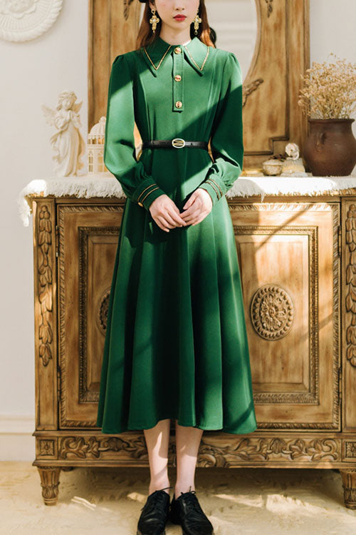 Navy Vintage Lapel Collar High-Waisted Long-Sleeve Classic Lolita Dress