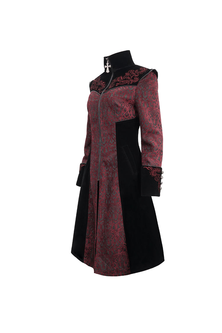 Crimson Studded Jacquard Cross-Embroidered Mushroom Buckle Gothic Jacket