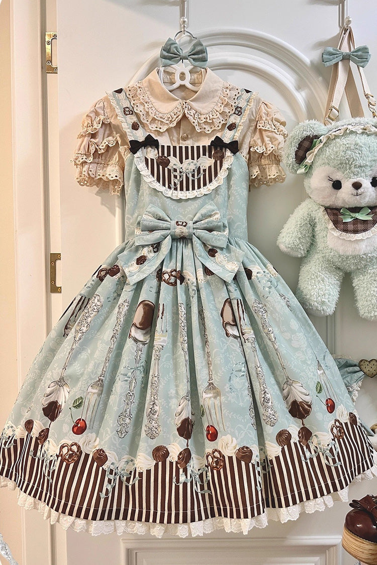 Sleeveless Print Bowknot Sweet Plus Size Lolita Jsk Blue Green