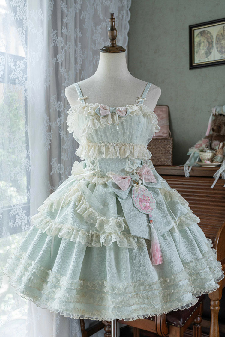 Good Night Peach Sleeveless Multi-Tiered Ruffled Bow Lace Sweet Chinese Style Lolita Jumper Dress Three Colors