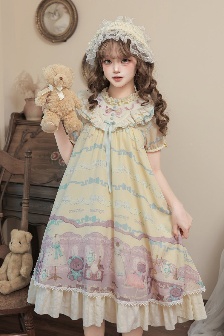 Brown Dollhouse Short Sleeves Bear Printed Ruffled Bow Sweet Lolita Dress Set - Yellow