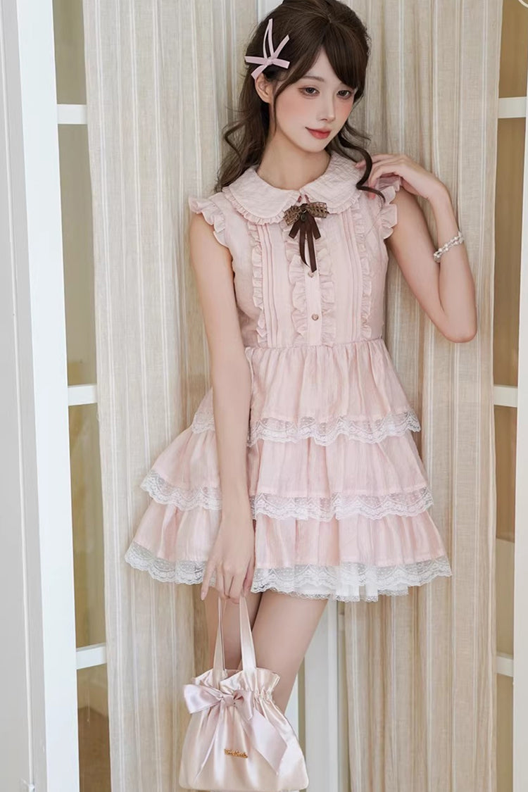 Pink Triple-Ruffle Lace Dress with Bow Accent