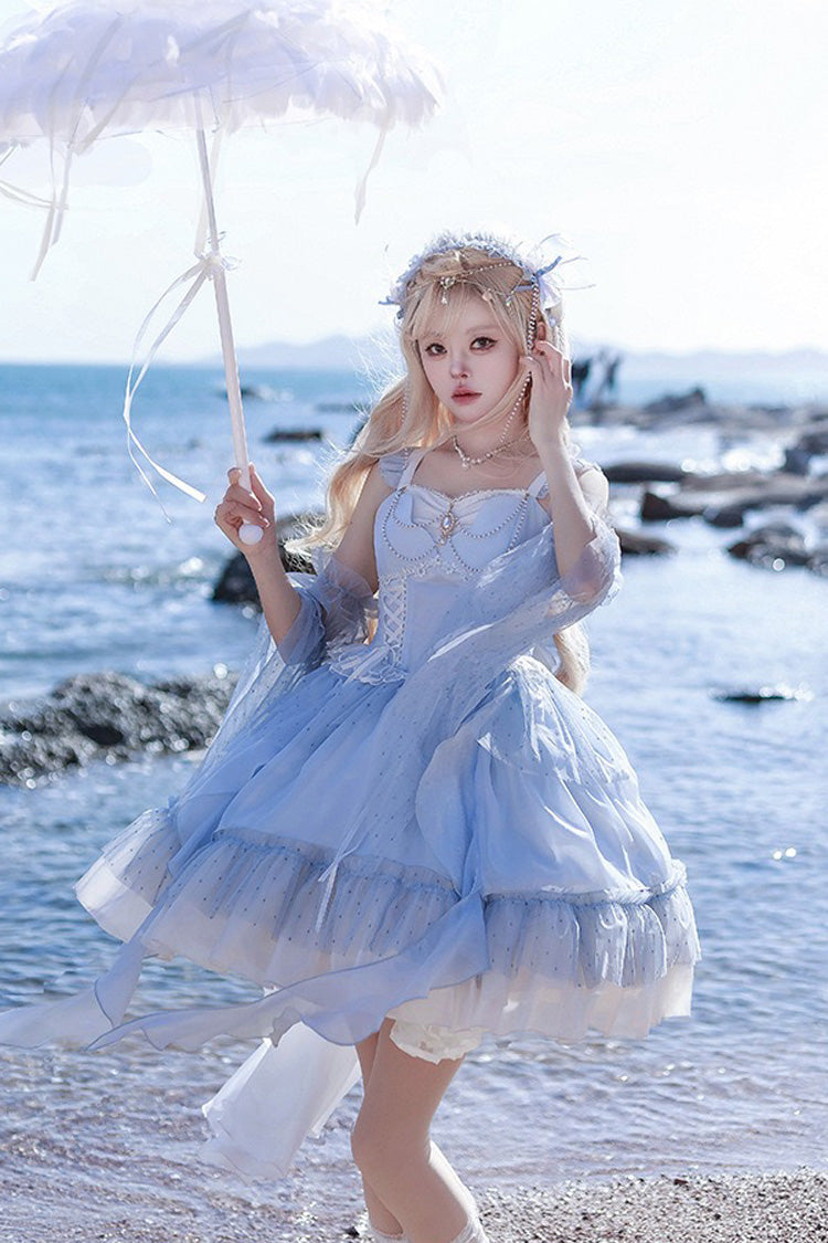 Blue Moon Goddess Song Multilayer Ruffle Lace-Up Sweet Elegant Lolita Jumper Dress