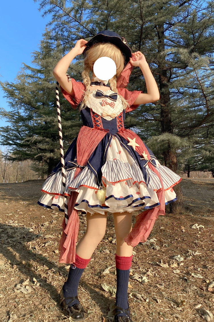 Multicolor Circus Print Puff-Sleeved Lolita Dress with Bow Accents