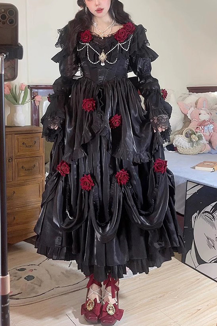 Black Rose-Printed Gothic Strapless Dress with Long Sleeves