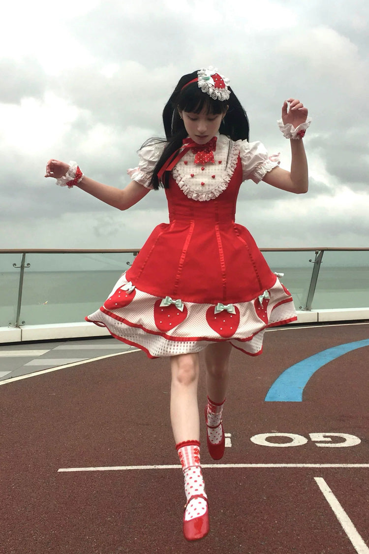 Sweet Lolita Dress with Stand Collar and Bow - Miss Peculiar Strawberry, 2 Shades