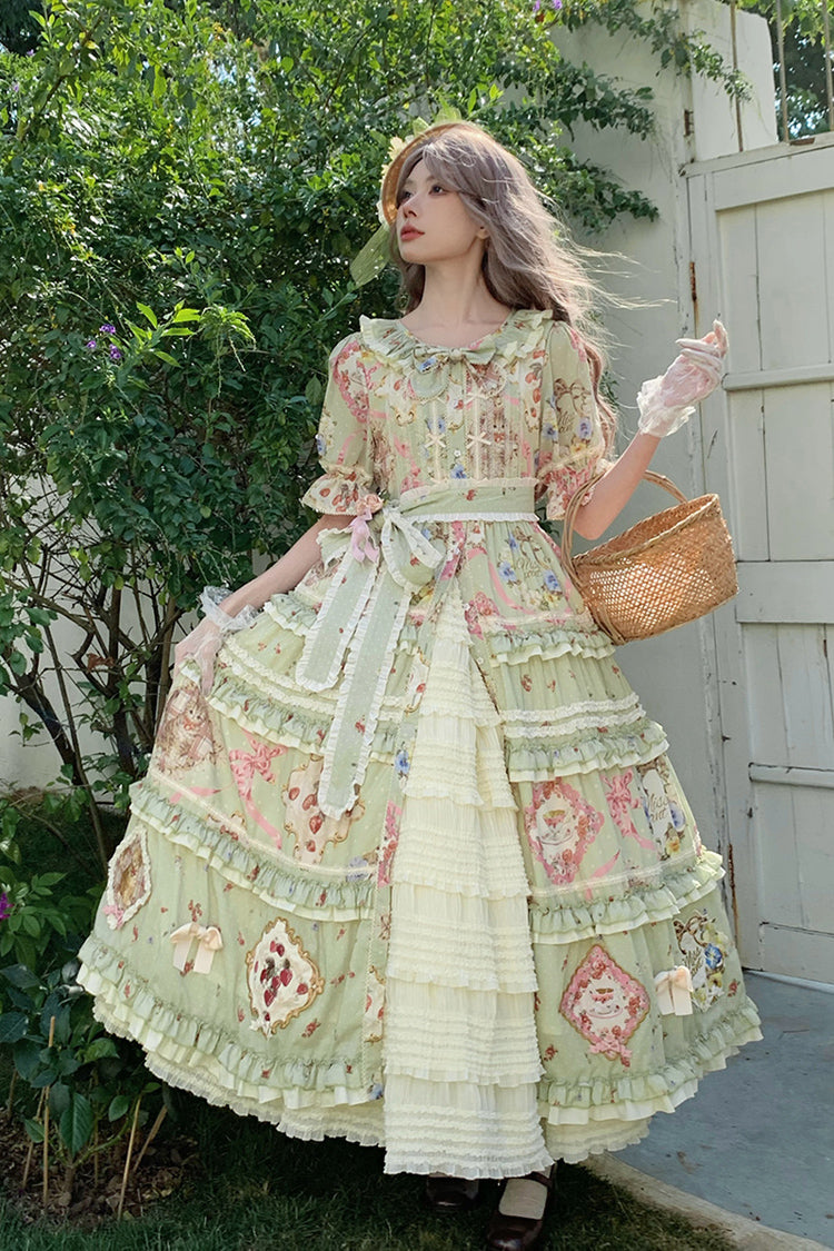 Green Short Sleeve Print Ruffle Cardigan Bowknot Gorgeous Dress