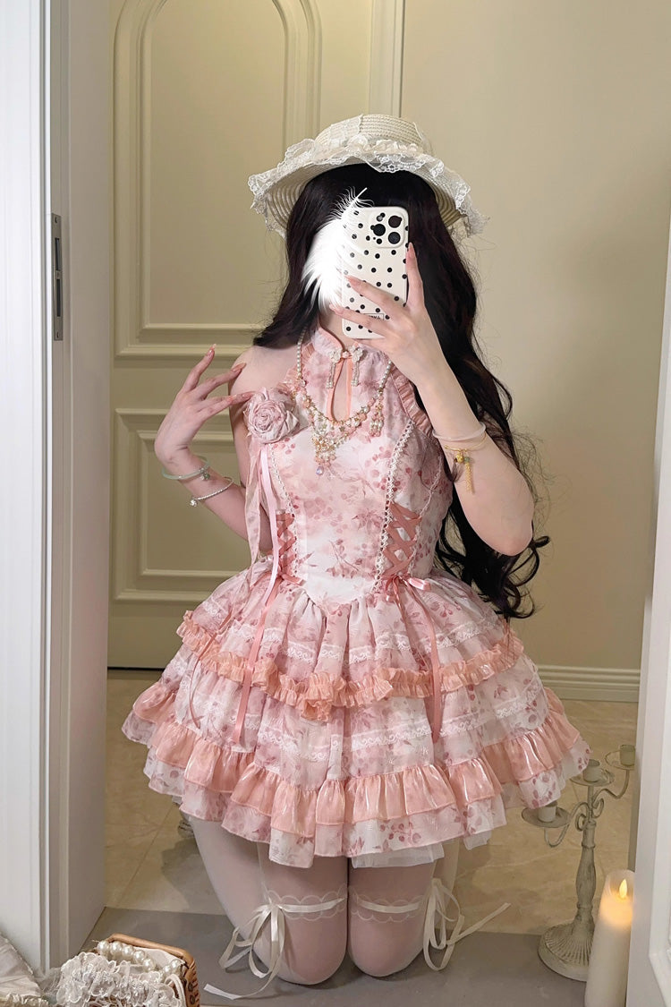 Rose Moon Bamboo Halter Multi-Tier Printed Frill Sweet Chinese Lolita Gown in Two Tones