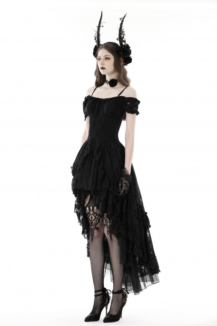 Black Boat Neck Off-Shoulder Short Puff Sleeve Ruffled Lace Lace-Up Irregular Gothic Dress