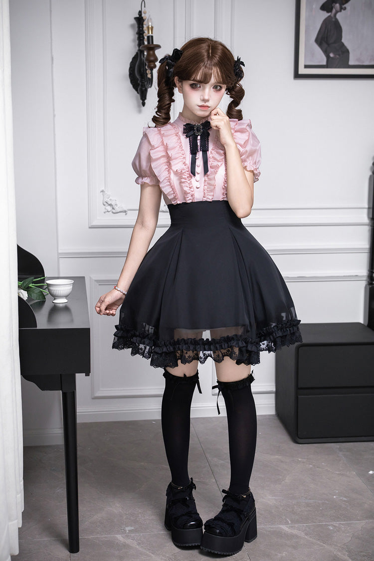 Miss Lola Snow Kiss Stand Collar Short Puff Sleeves Ruffled Color-Blocked Faux Two-Piece Sweet Lolita Dress 3 Colors - Black