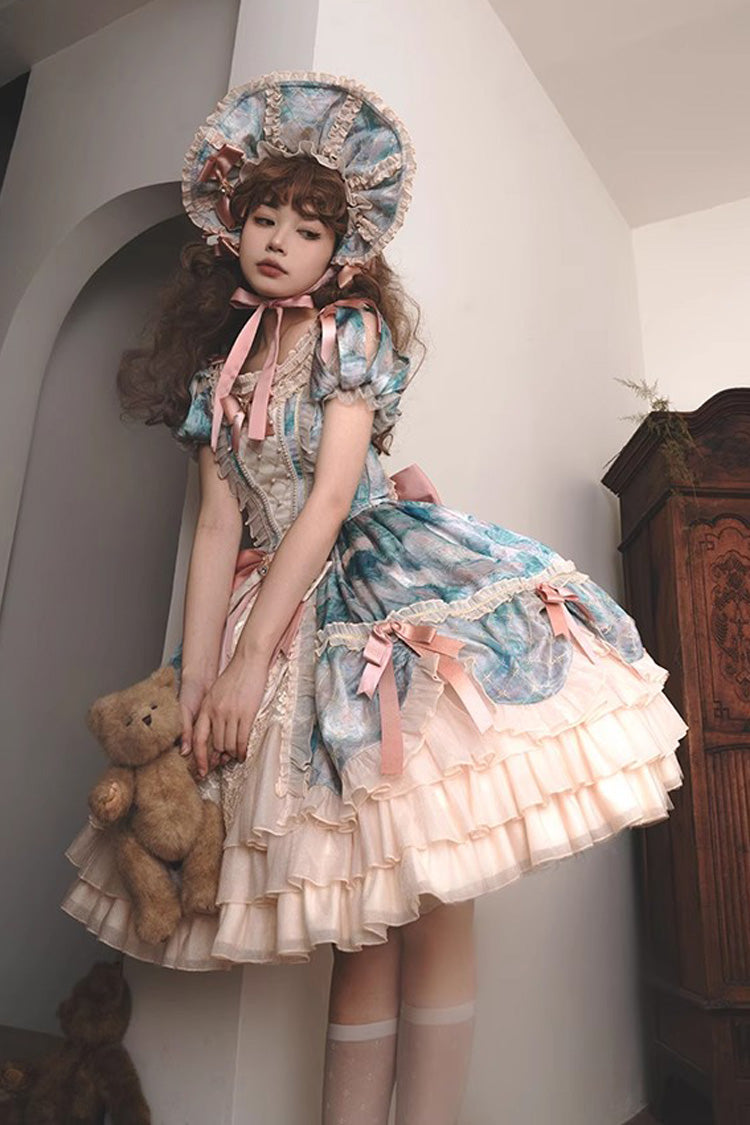 Angel Heart Sky Oil Painting Printed Bow Cardigan Sweet Lolita Dress - Multi-Color