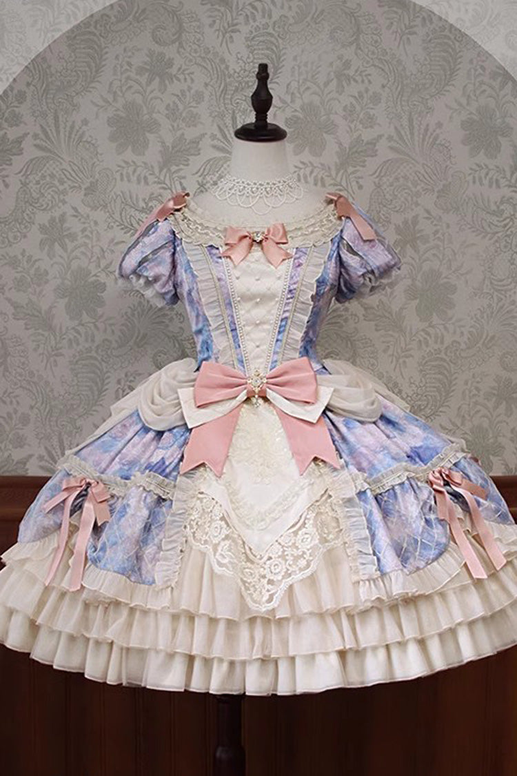 Angel Heart Sky Oil Painting Printed Bow Cardigan Sweet Lolita Dress - Multi-Color