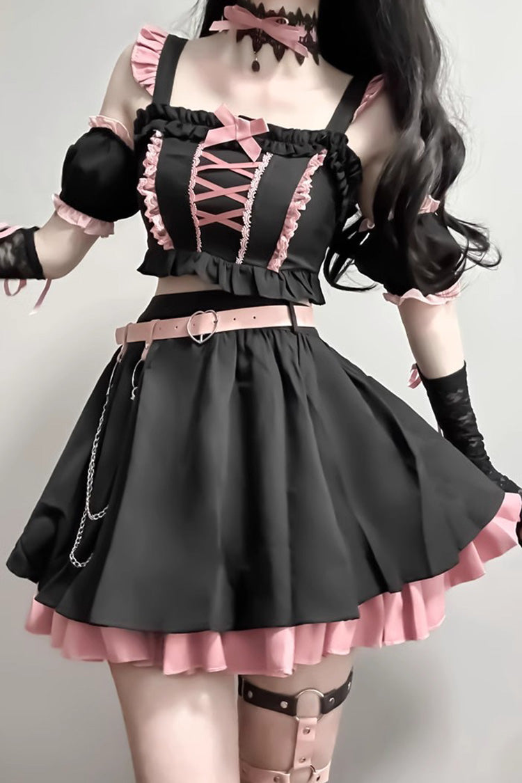 Black/Pink Tie Bow Gothic Sweet Strapless Two-Piece Dress Set - Sweet Lolita