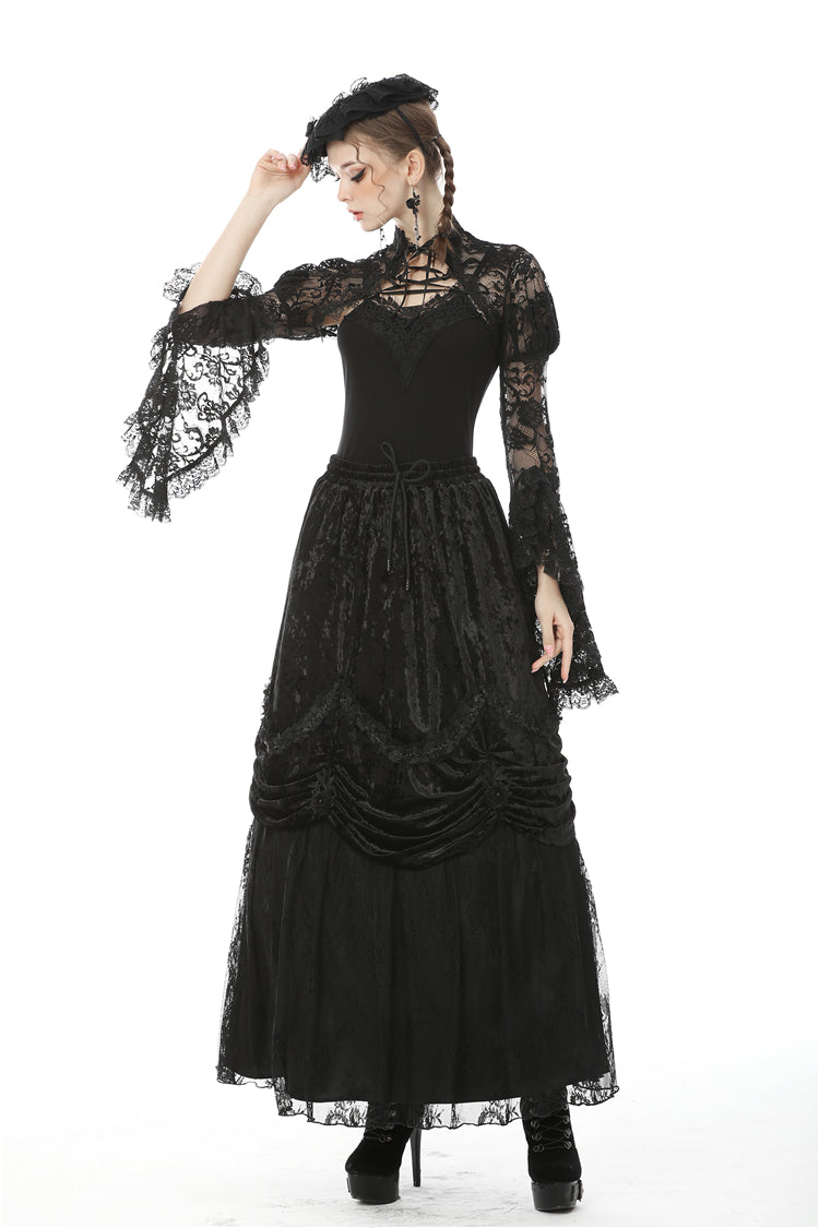 Jet-Black Gothic Cape with Sheer Floral Lace and Lacing for Women