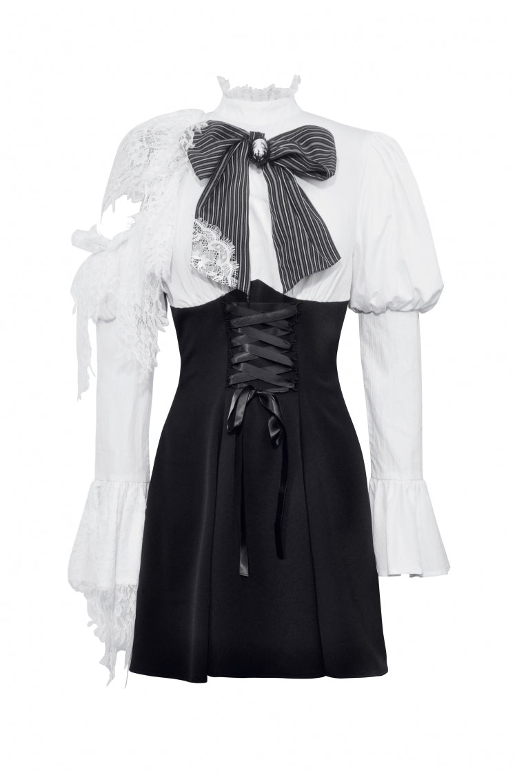 Black/White Asymmetric Puff Sleeve Gothic Mini Dress
