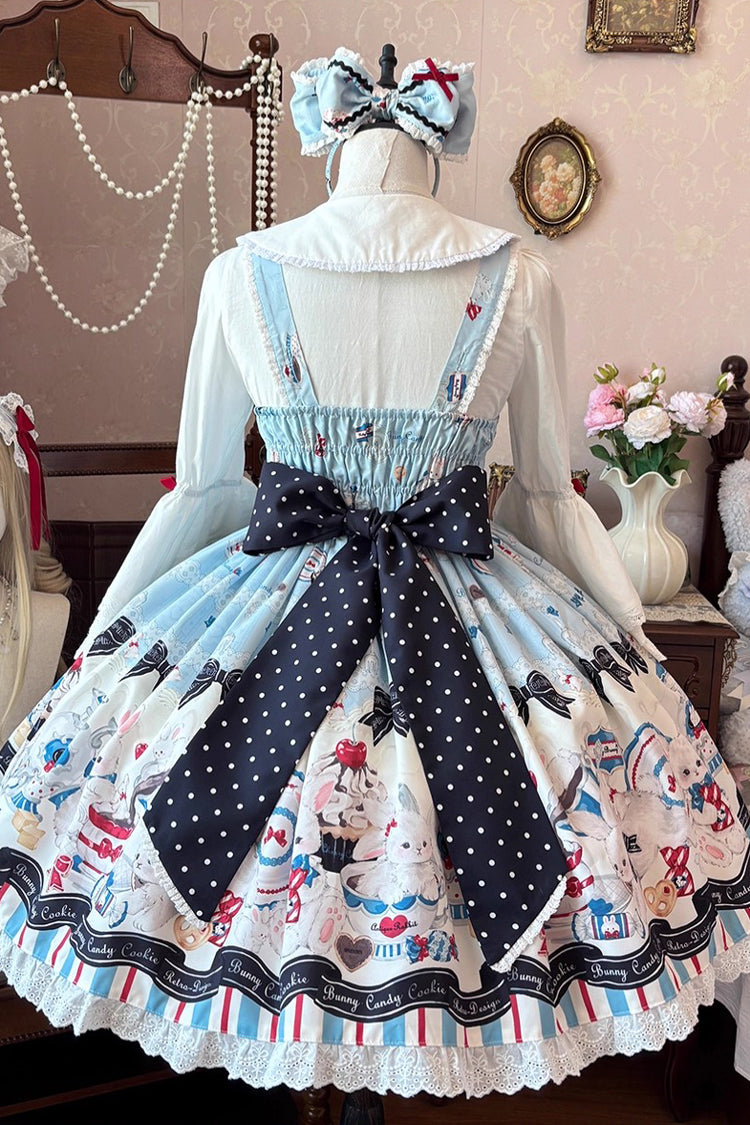 Sleeveless Print Ruffle Bowknot Lace Sweet Lolita Jsk Dress Blue