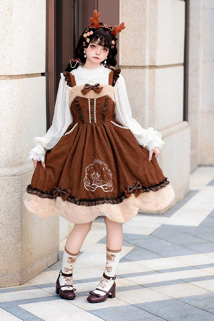 Autumn Winter Lolita JSK with Deer Print & Bowknot Embroidery