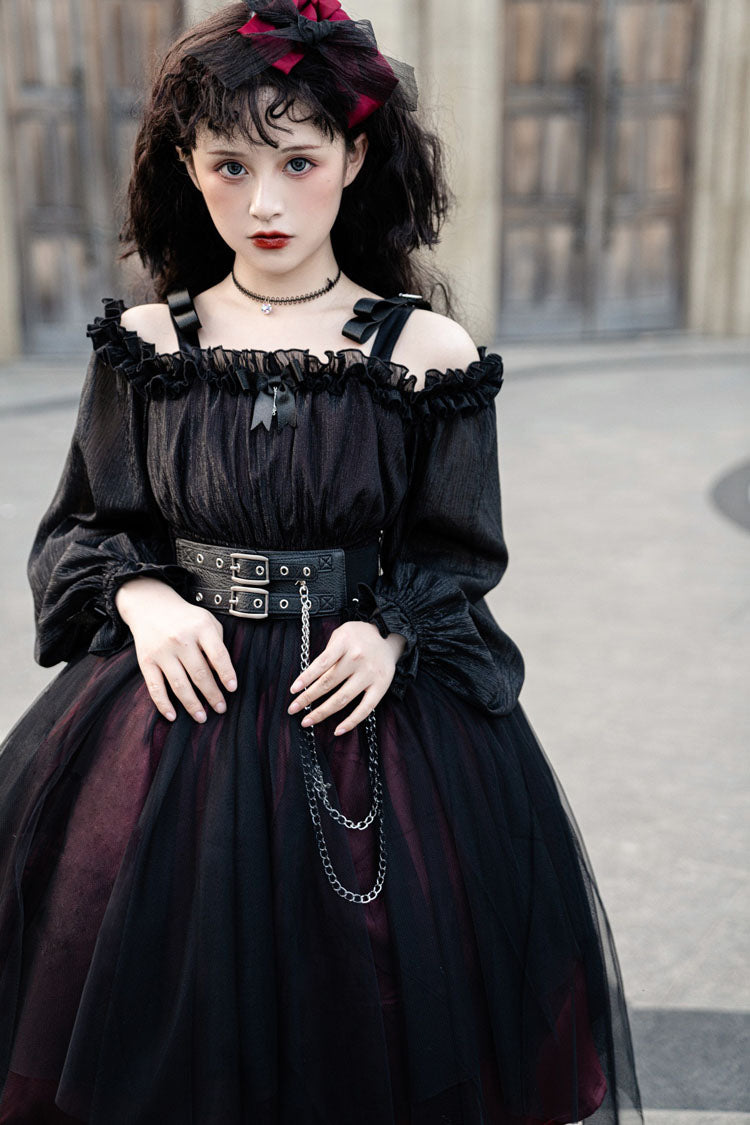Black Boat Neck Gothic Lolita OP Dress Metal Chain Organza Stitching - Altfashion Shop