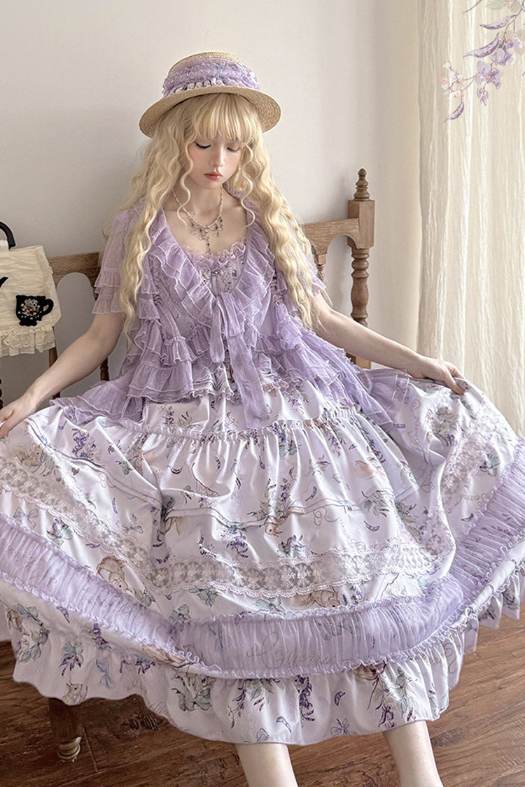 Violet Pea Squirrel Sleeveless Pastoral Print Ruffled Embroidered Lace JSK