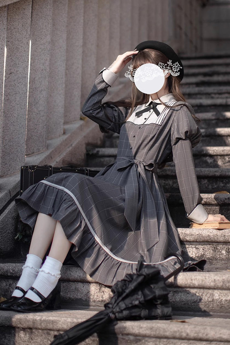 Grey Plaid Print Bow Classic Vintage College Dress