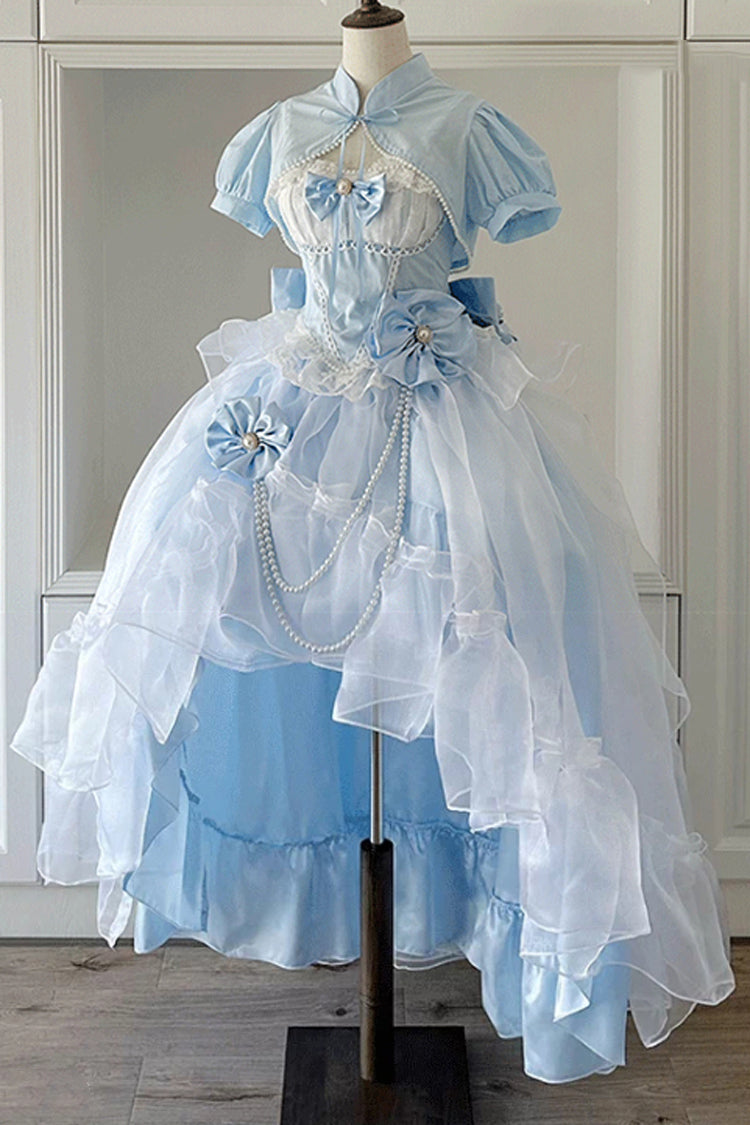 Cerulean and Ivory Porcelain Printed Ruffled Bow Lace High-Low Sweet Plus Size Lolita JSK Long Version