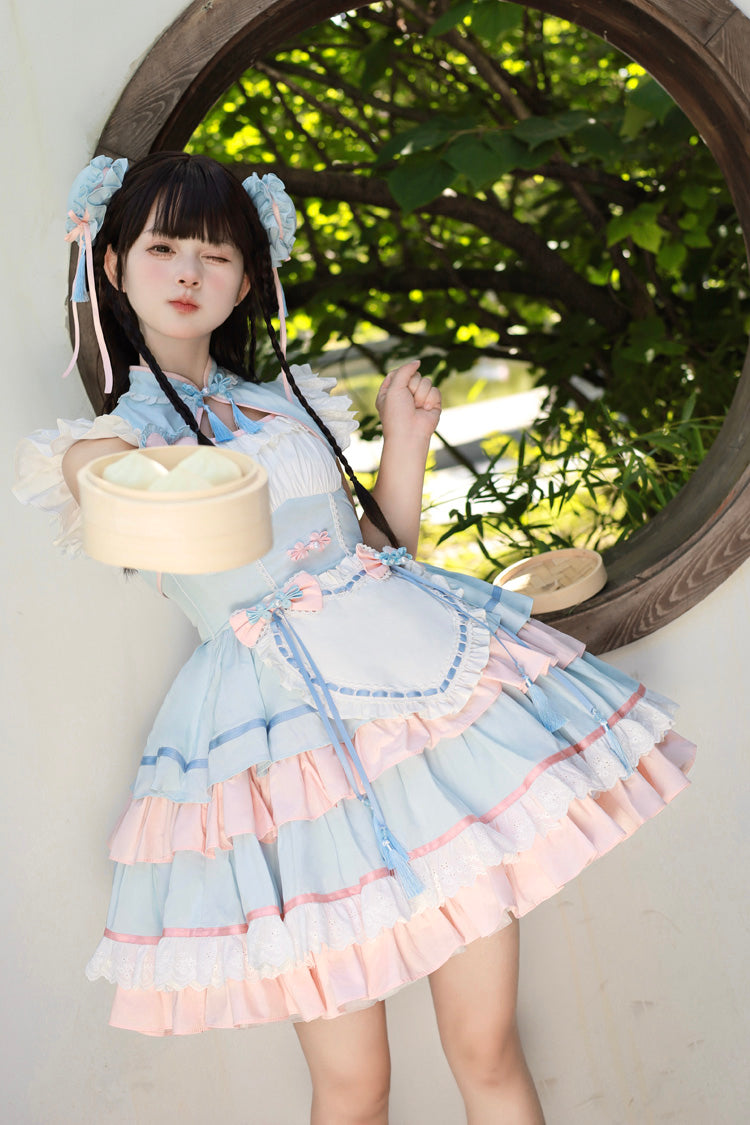 Blue Pink Multi-Layered Ruffled Sweet Chinese Maid Cheongsam Dress