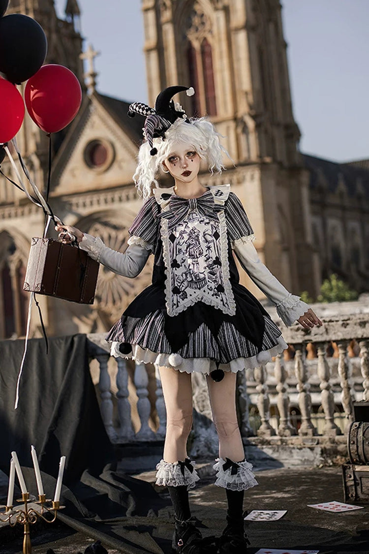 Gothic Lolita Dress Set with Ruffled Bow and Long Sleeves - Black