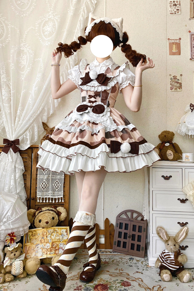 Calico Cat Sleeveless Triple-Layer Ruffled Bow Plush JSK