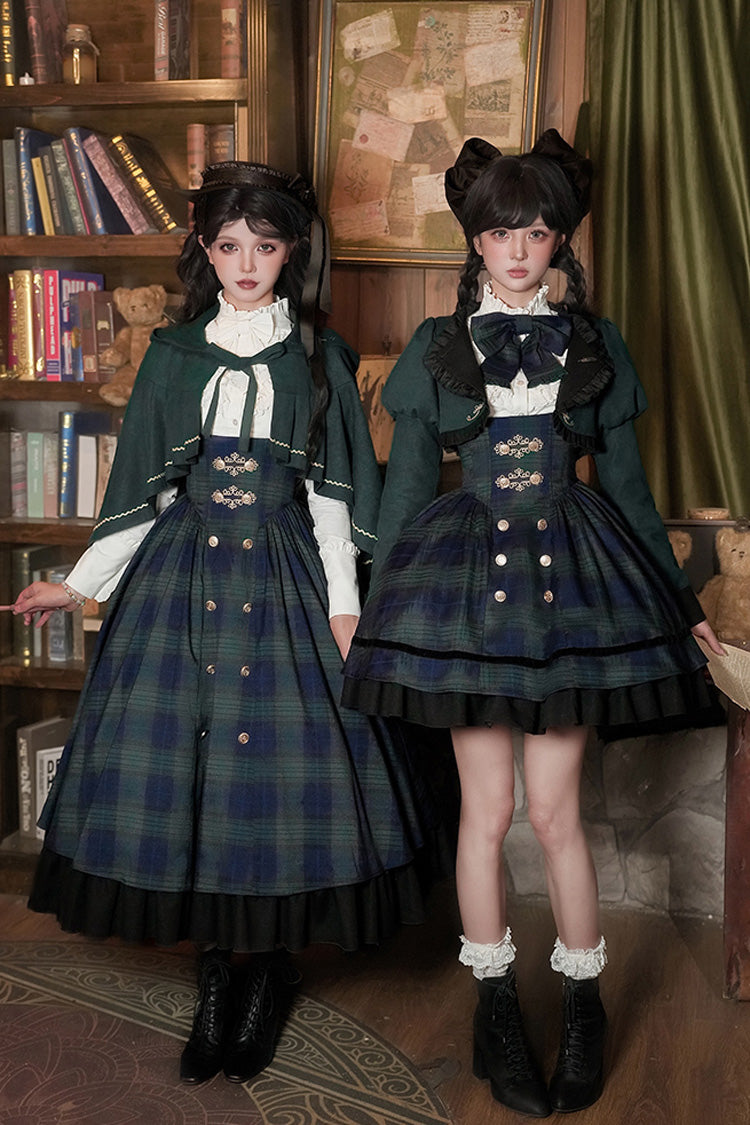 Blue Green Berlin Letter Double-Layered Plaid Print Ruffle Bowknot Classic College Style Lolita Strap Dress Set