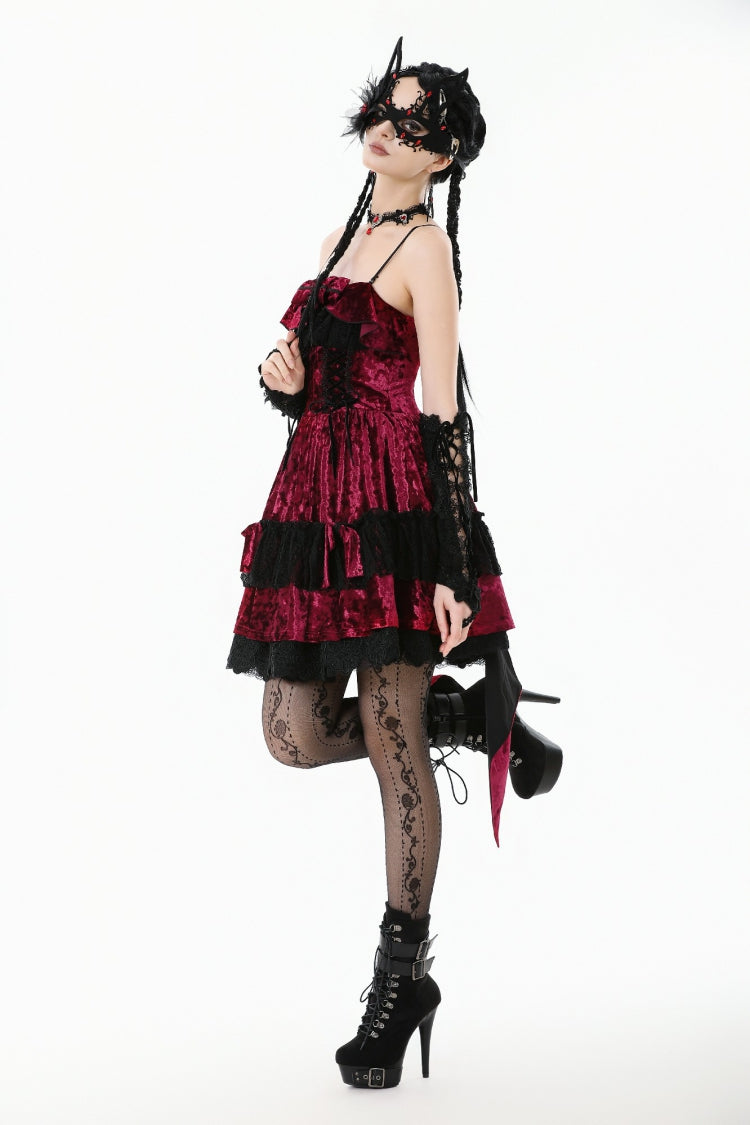 Wine Red Velvet Corset Mini Dress with Pointed Tail